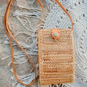 RATTAN PHONE CROSSBODY CASE 8” X 4” HAND MADE IN INDONESIA FULLY LINED INTERIOR